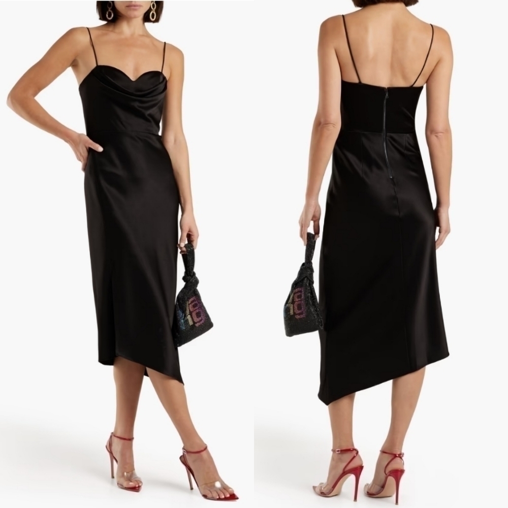 New Alice + Olivia Kiyoko Asymmetric Draped Satin Crepe Black Midi Dress NWT 12